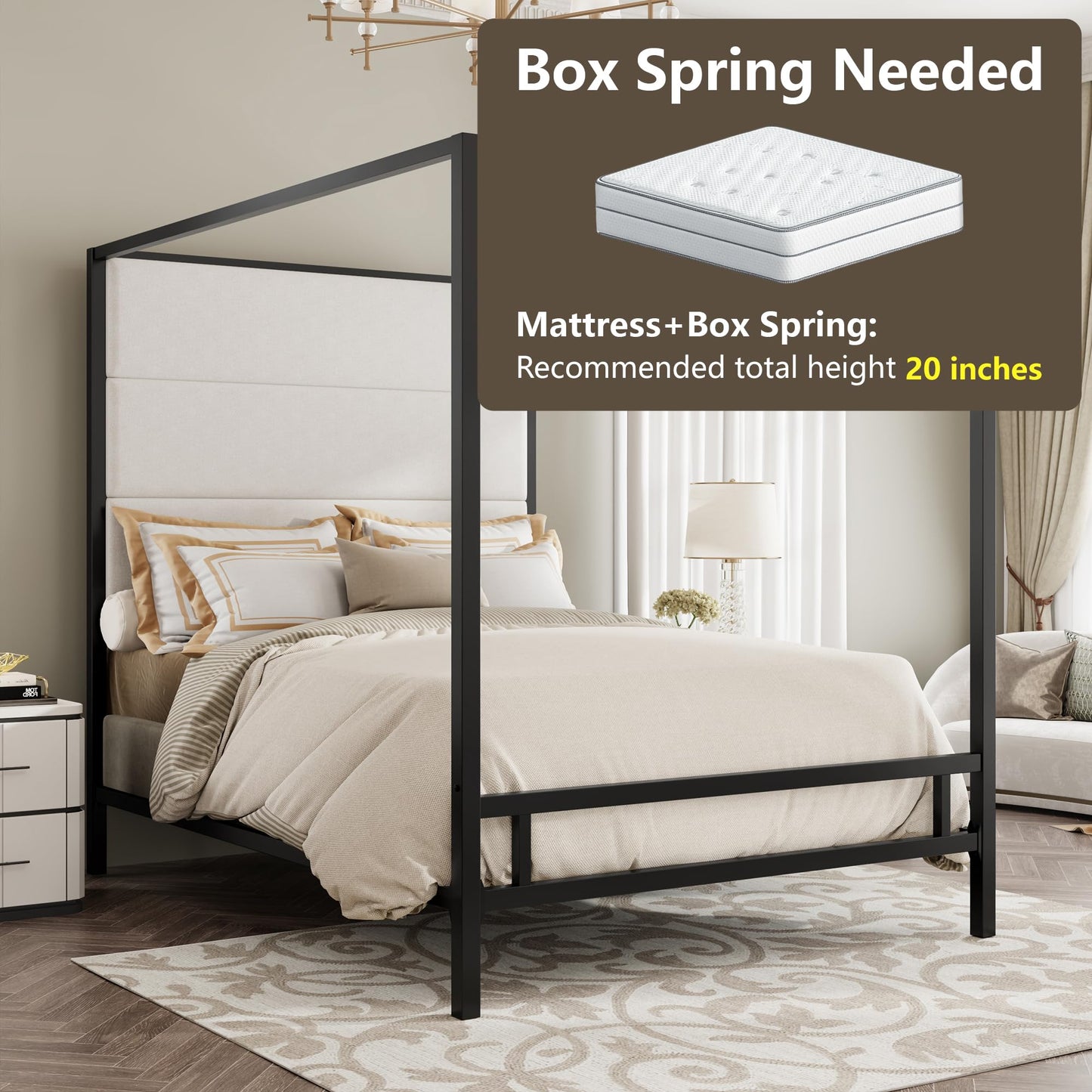Merax Queen Size Metal Canopy Bed Frame, Modern Tall Upholstered Velvet Headboard, Black 4-Poster Bed with 800 lbs Capacity, Box Spring Required Easy Assembly for Bedroom, Black+White
