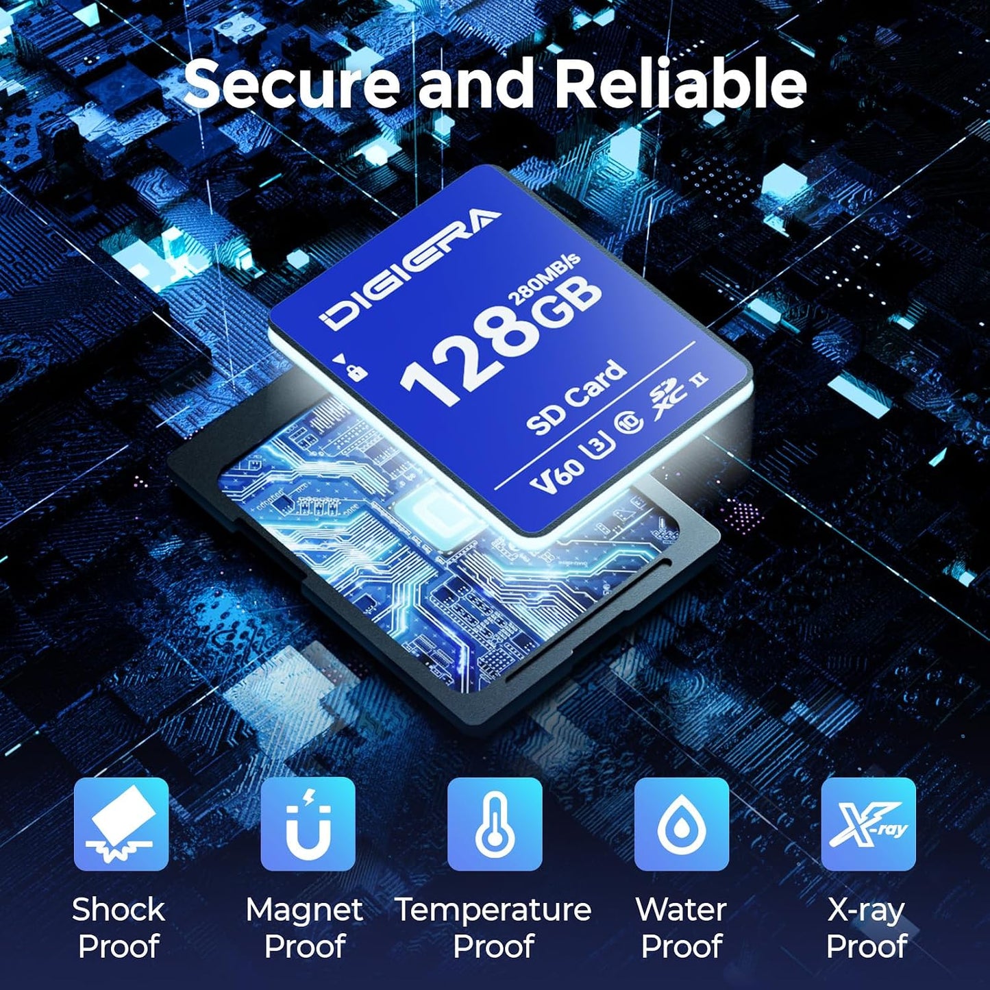 DIGIERA 128GB LSU100 280MB/s, C10, U3, V60, 6K, (1 Pack) SDXC UHS-II Memory Card - up to SD Card for Computers, Digital