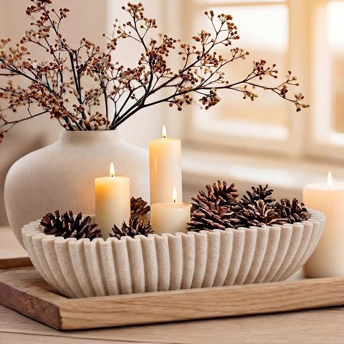 Large Decorative Bowl for Home Decor Long Dough Key Bowls Coffee Table Decor Centerpiece Beige Ruffle Scalloped Resin Modern Handicraft Bowl for Kitchen Counter Farmhouse Entryway