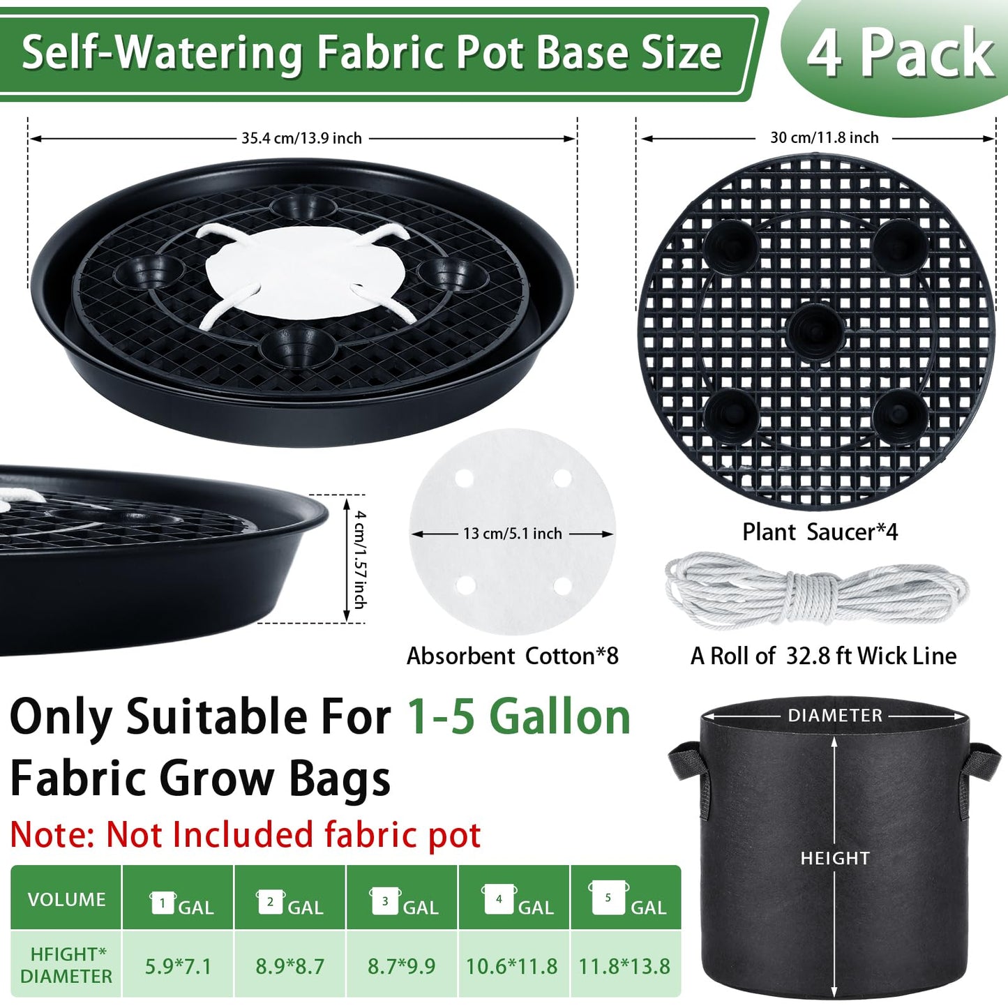 POILKMNI 4 Pack 14 Inch Self-Watering Fabric Pot Base, Auto Irrigation Plant Saucer Tray for 5 Gallon Grow Bags, Elevated Plant Stand with Wick System for Indoor Outdoor Garden Greenhouse Grow Tent