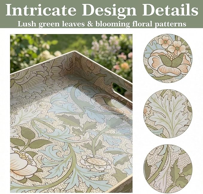 William Morris-Style Serving Tray with Handles - 15.7" x 11.8" Floral Pattern Decorative Platter for Coffee Table, Ottoman & Breakfast in Bed - Sturdy Plastic Rectangular Tray