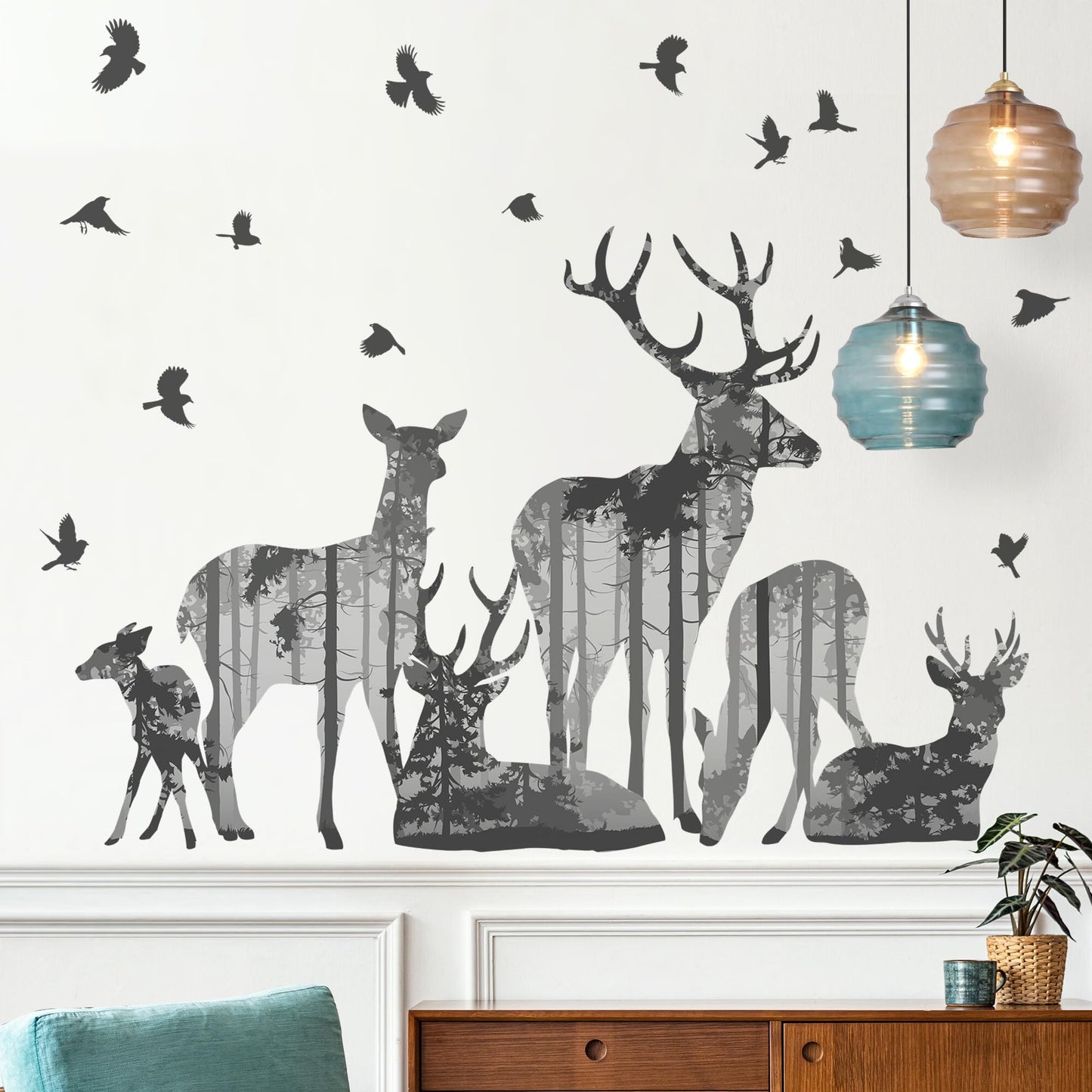 DRWSSR 2 Sheets Forests Silhouette Animals Wall Decals Removable Wild Elk Tree Wall Decals Peel and Stick Vinyl Birds Wall Art Decor for Children Nursery Bedroom Living Room Wall Corner Decor