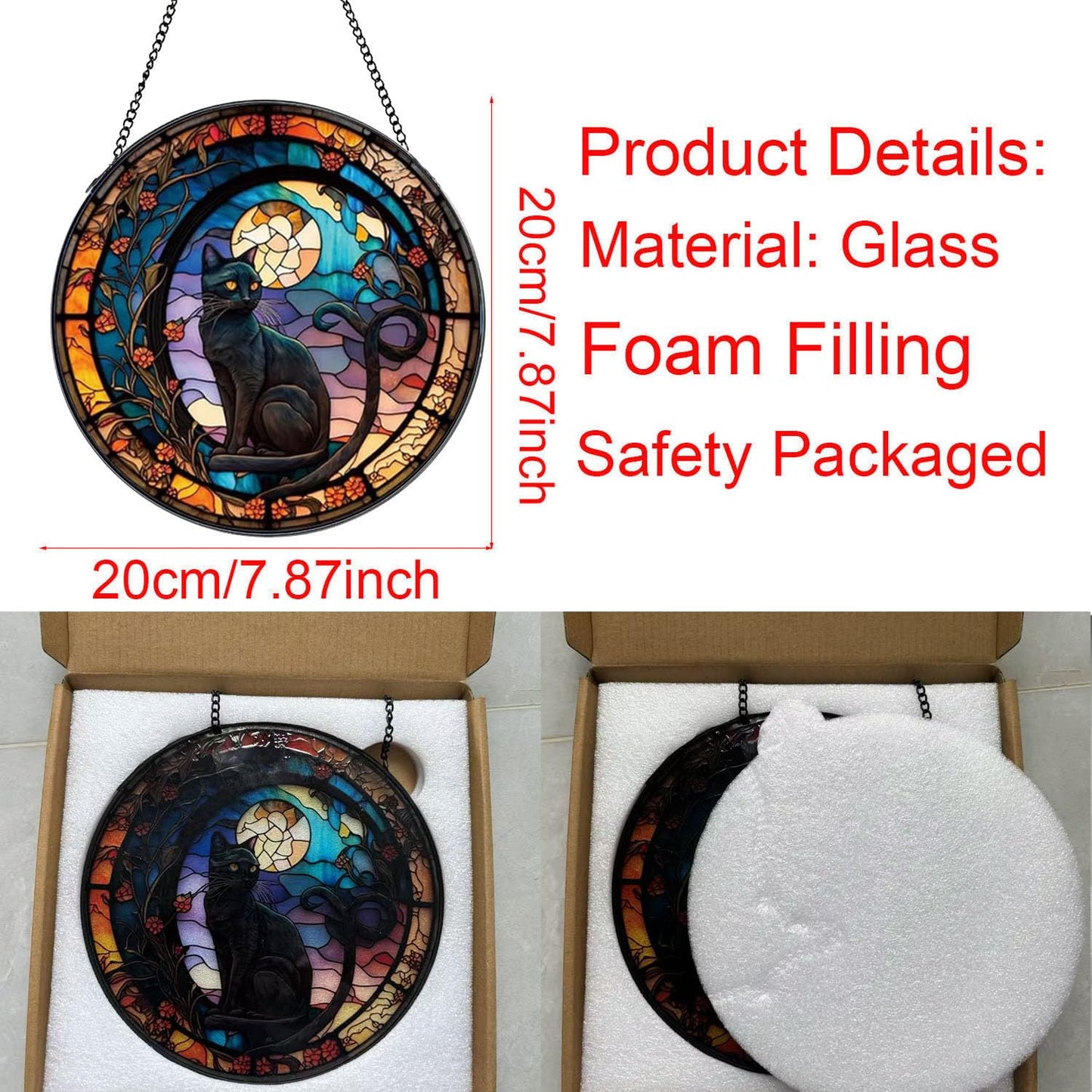 JZZNNFEZN Black Cat Stained Glass Window Hanging,7.87’’ Stained Glass Suncatcher for Window for Cat Lovers,Hanging Ornaments Round Women Gifts for Family Friends, Housewarming Gift (A Style)