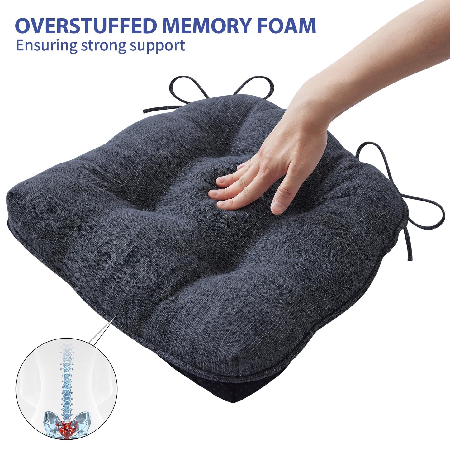 IPYNBAP Chair Cushions for Dining Chairs Set of 4, Kitchen Chair Cushions, Chair Pads with Ties and Non Slip Backing, Tufted Memory Foam Seat Cushion 4 Pack, 15.5" x 15.5" x 4", Navy Blue