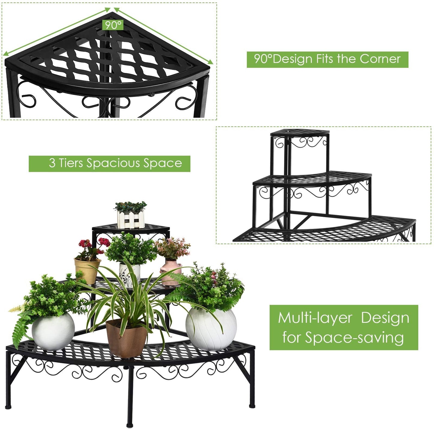 Giantex 3 Tier Metal Corner Plant Stand, Quarter Round Plant Corner Shelf w/ Non-Slip Pads, Corner Plant Stand Corner Shelf Flower Pot Ladder Plant Display Rack Indoor Outdoor (Quarter Round)