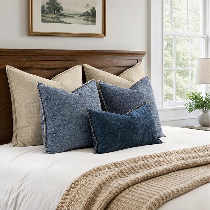 MIULEE Pack of 2 Couch Throw Pillow Covers 20x20 Inch Dark Grey Blue Farmhouse Decorative Pillow Covers with Stitched Edge Soft Chenille Solid Dyed Pillow Covers for Sofa Bed Living Room