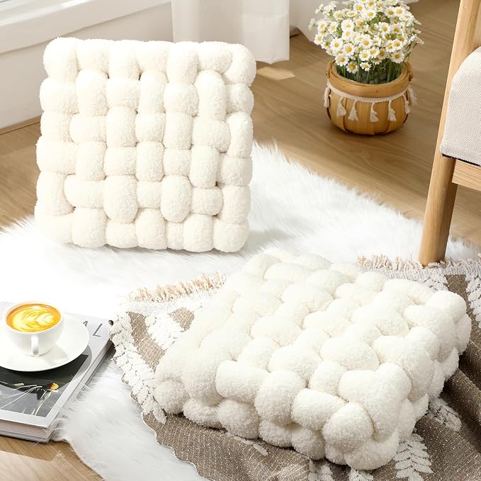 Wenqik 2 Pcs Knot Pillows Square Knotted Plush Throws Soft Accent Pillows Decoration Cushion for Couch Home Office Living Room Bedroom Bed Sofa Decor, 12'' x 13''(Cream White,Lambswool)