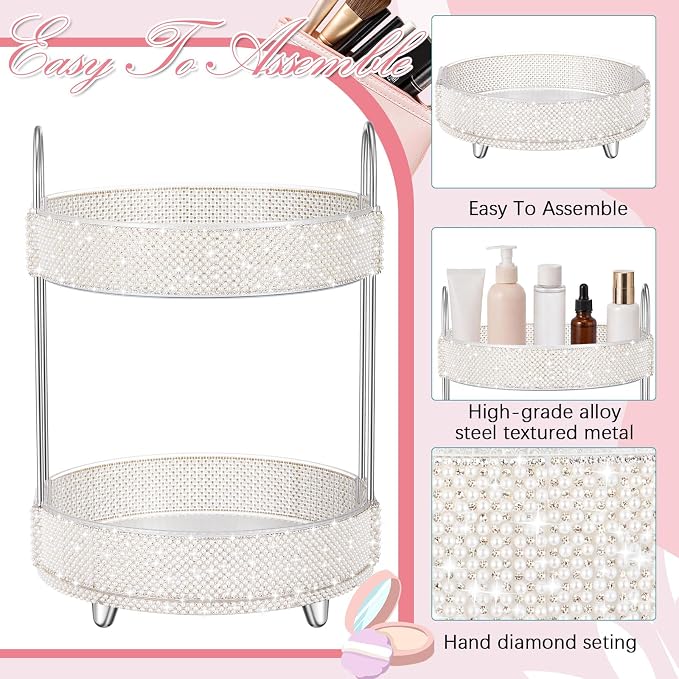 Honeydak 360 Rotating Perfume Organizer Gift for Women, Rhinestone Preppy Skincare Organizer Bathroom Counter Makeup Holder Skincare and Perfume Storage for Cosmetic(2 Tiers,Pearl,White)