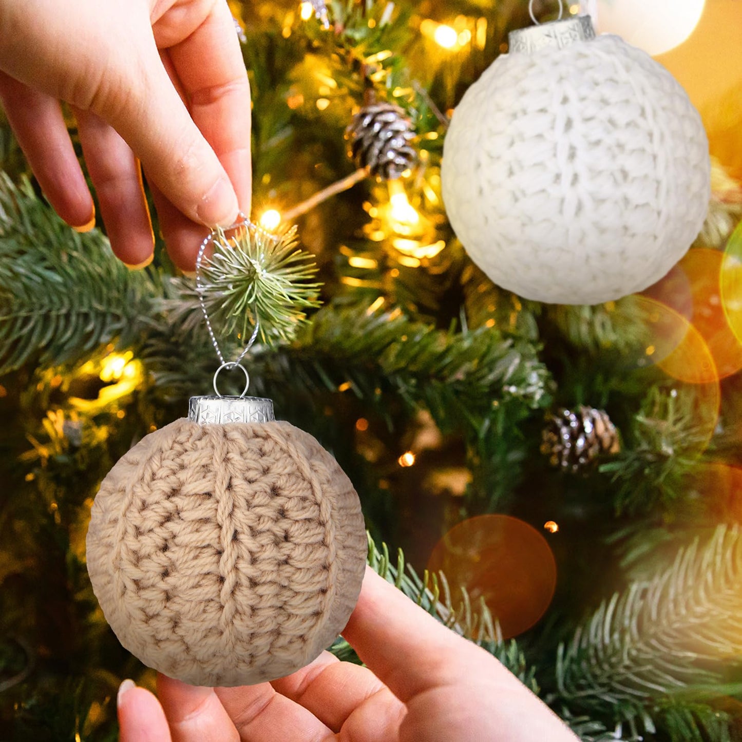 Vercraft 6 Pcs 2.75 Inch Crochet Christmas Ornaments Balls Christmas Knitted Ornaments Neutral Hanging Decoration Handmade Crochet Decoration for Xmas Tree Rustic Neutral Xmas Decor(Beige)