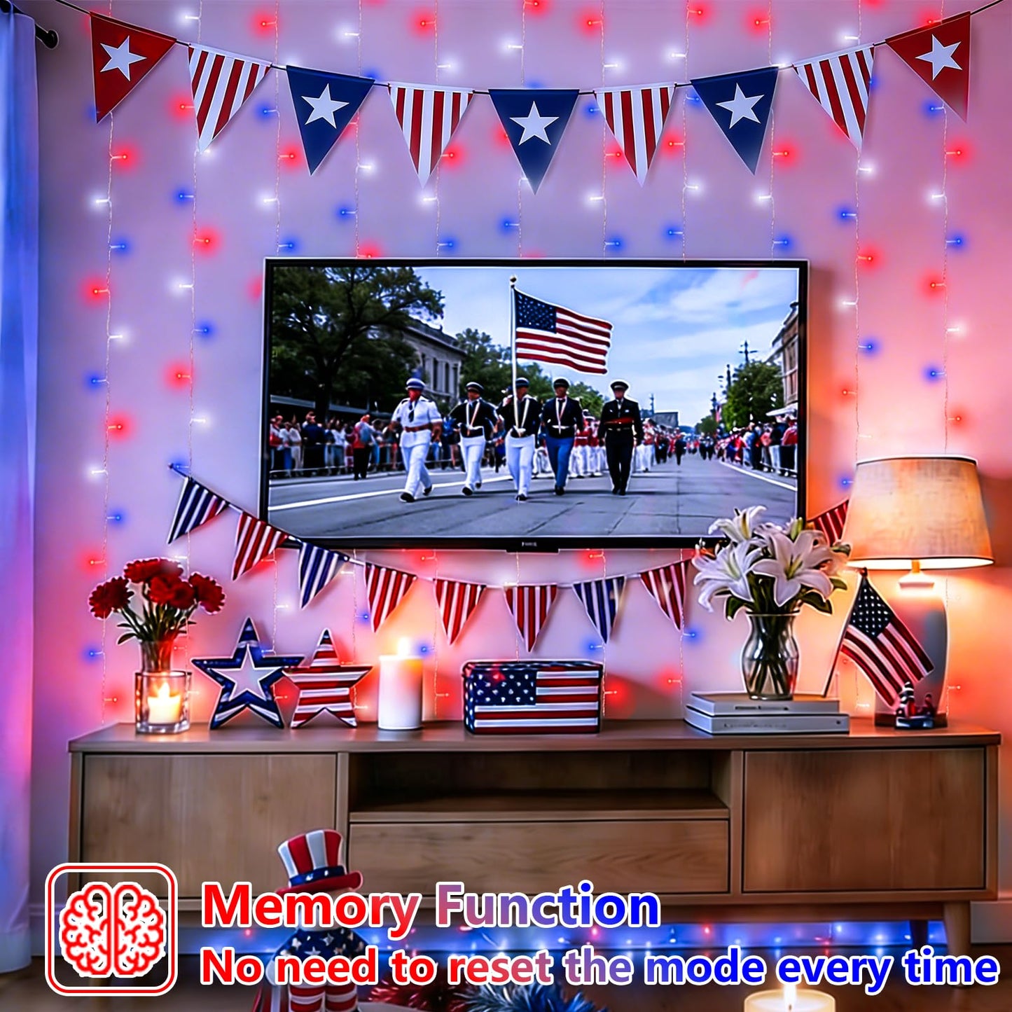 YEGUO 300 LED Red White and Blue Lights, 4th of July Lights Plug in, Patriotic Curtain Lights Hanging String Lights for Bedroom Wall Window Backdrop Indoor Outdoor Independence Memorial Day-9.8x9.8ft