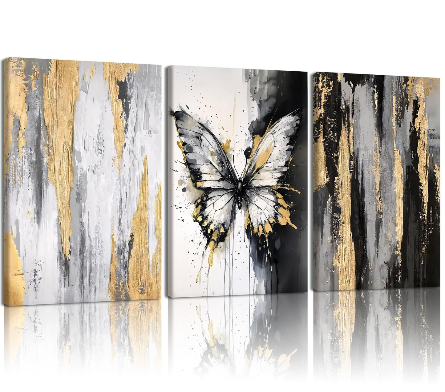 NCCXNCC 3Pcs Abstract Black and Gold Flowing Butterfly Canvas Wall Art Modern Minimalist Wall Decoration Artwork Black and White Abstract Poster Print Suitable for Living Room/Office12x16Inch Framed