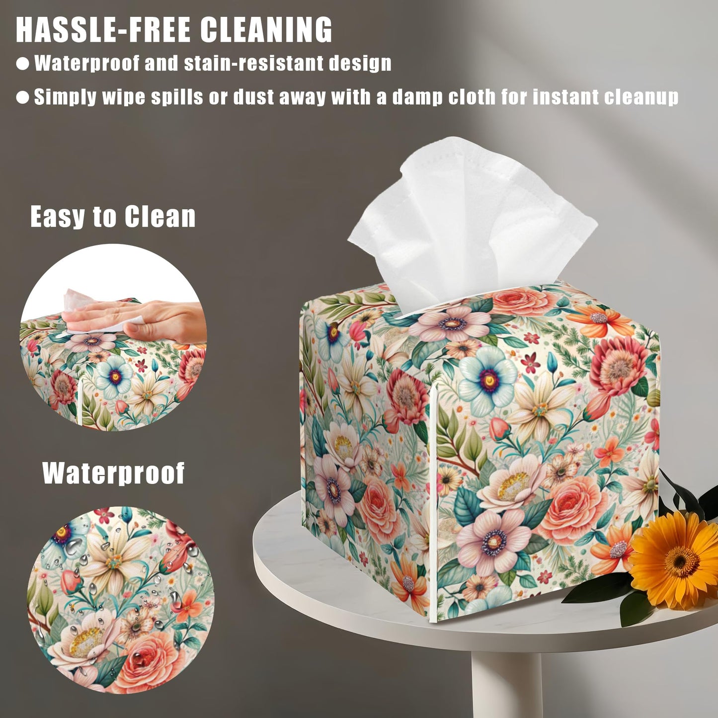 Leather Tissue Box Holder Colorful Floral Tissue Box Cover Facial Paper Case Organizer Cube Napkin Dispenser for Bathroom Vanity Countertop Night Stand Office Car