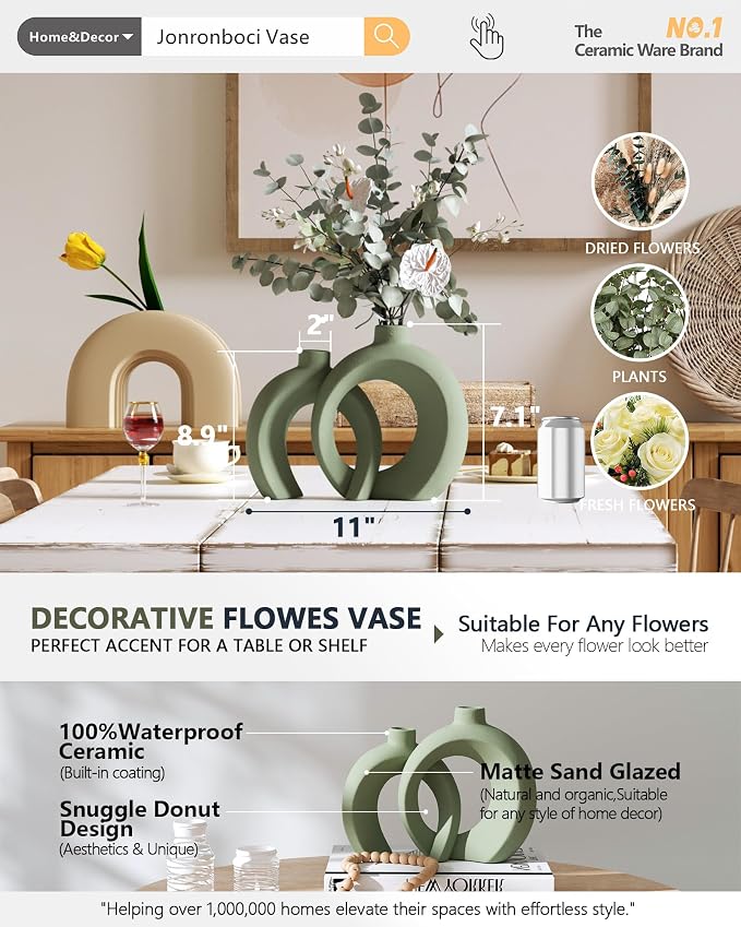 Set of 2 Sage Green Ceramic Vases for Home Decor Accents - Unique Hollow Donut Artistic Design Modern Boho Farmhouse Style Decorative Vases for Shelf, Mantel, Entryway Table Decor (Matte Green)