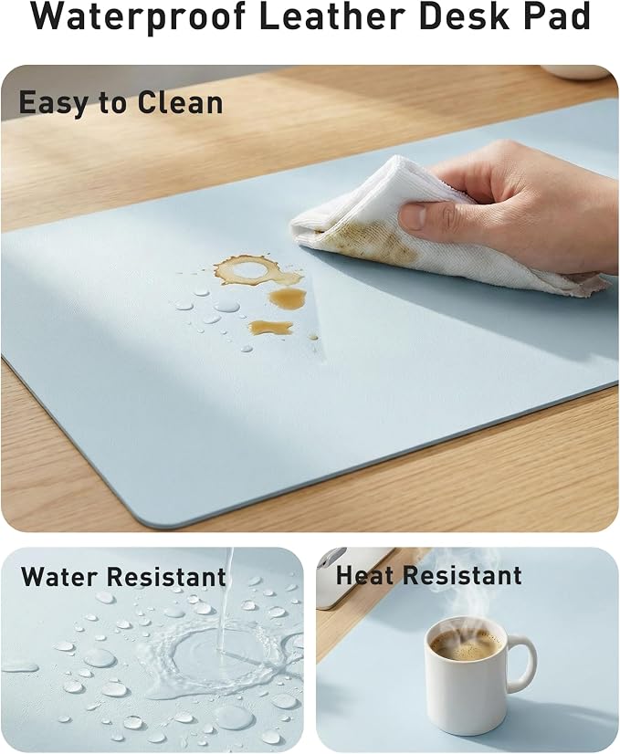 Aothia Faux Leather Desk Mat - Large Mouse Pad, Non-Slip PU Leather Blotter, Waterproof Writing Surface for Office and Home (Baby Blue, 42" x 17")