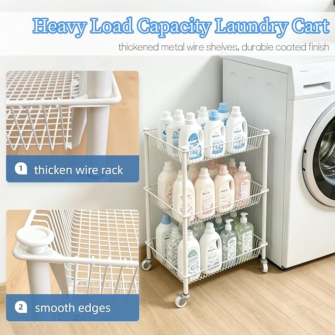 Kitchen Storage Cart for Fruit Vegetable 3 Tier Utility Cart with Wheels, White Rolling Pantry Floor Organizer Onion Potato Storage, Metal Wire Basket Stand Snack Shelf Home Organization