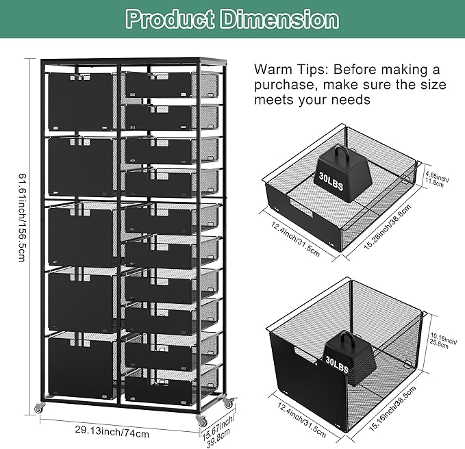 EasyPAG Rolling Storage Cart With 15 Drawers, Metal Craft Organizers And Storage Cart With Wood Tabletop, 30 Lbs Capacity Per Drawer For Home Office Classroom And Dorm, Black