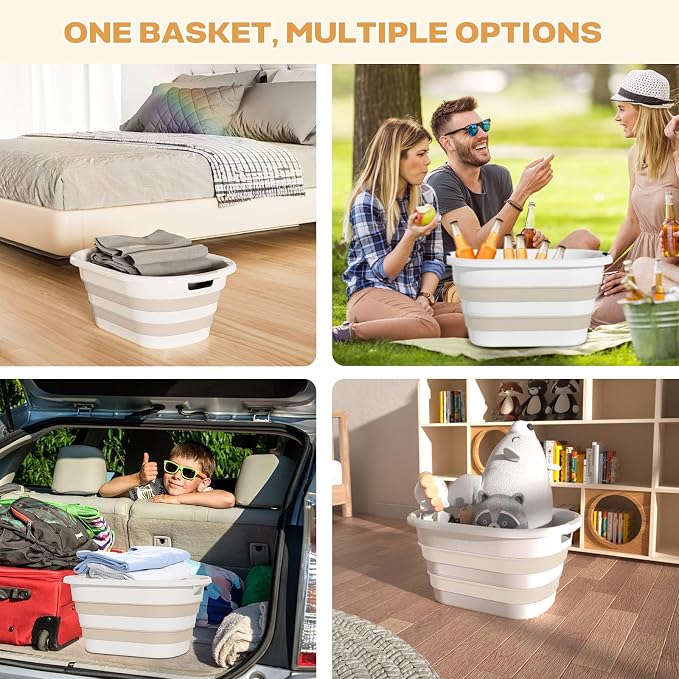 OOAMBB 43L(11.5Gallon) Collapsible Laundry Baskets plastic, Pop Up Laundry hamper/Storage Container, Foldable Laundry Basket with Large Capacity,Sturdy,Space Saver (Beige, 2 Packs)
