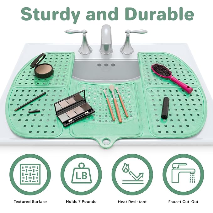 Sink Topper Bathroom Counter Cover & Storage Saver, Foldable Silicone Mat for Hot Tools, Hair Styling & Makeup, Beauty Brush Cleaning Mat, RV Camper Sink Cover & for Small Spaces (Large Green)