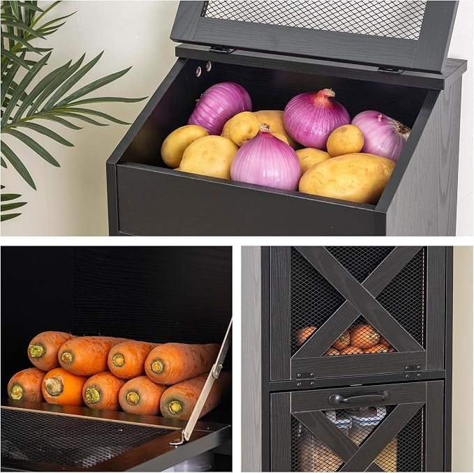 Potato Storage Bin Wooden Bread Box, Mid Century Modern Vegetable Storage Box with Lid, Farmhouse Potato and Onion Storage Cabinet for Kitchen,Black