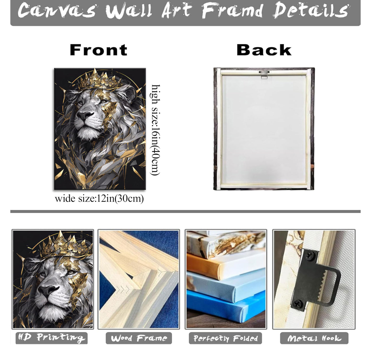 Lion King Canvas Wall Art Man's Cave Poster Prints Crown Lion Pictures Modern Abstract Black Gold Animal Painting Wall Decor Living Room for Men's Bedroom Office 12x16in Framed