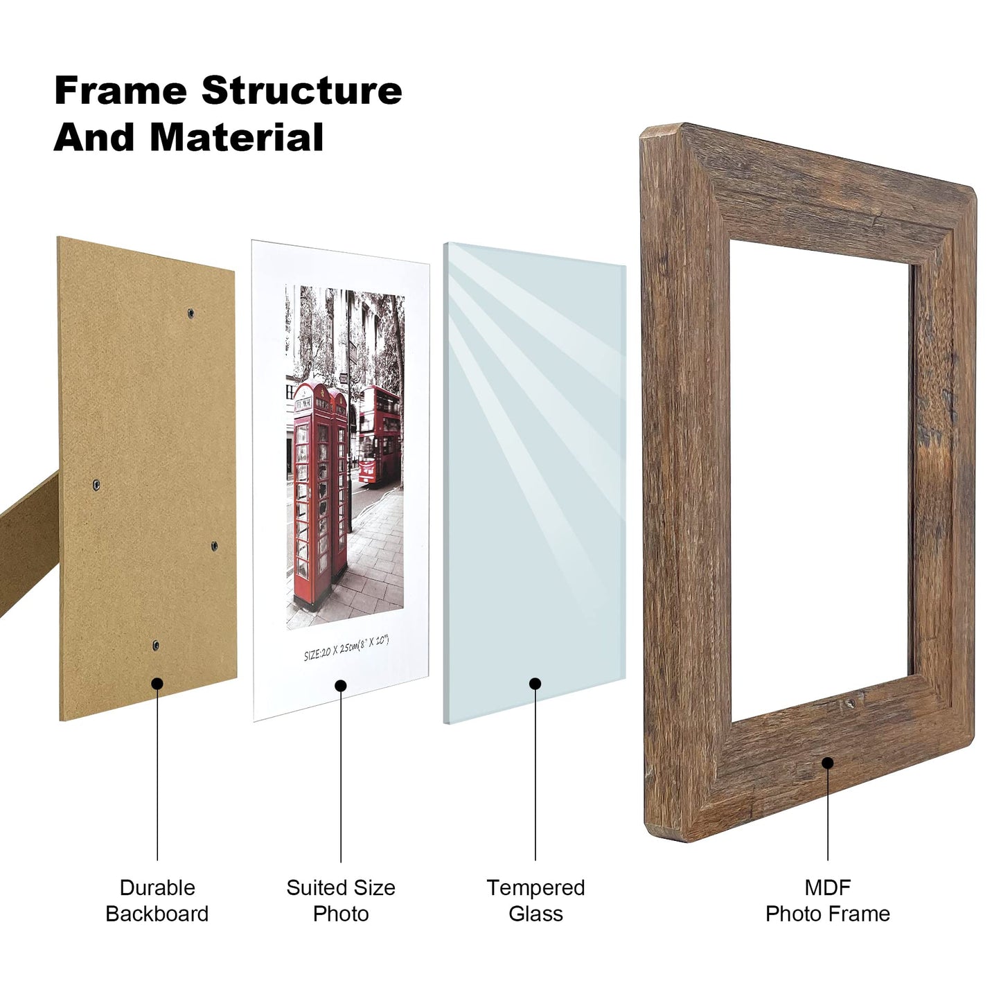 8x10 Picture Frames Set, Set of 4 Wooden Picture Frames Real Tempered Glass and Composite Wooden Rustic Rounded Corners Photo Display for Tabletop Wall Mount (Brown)