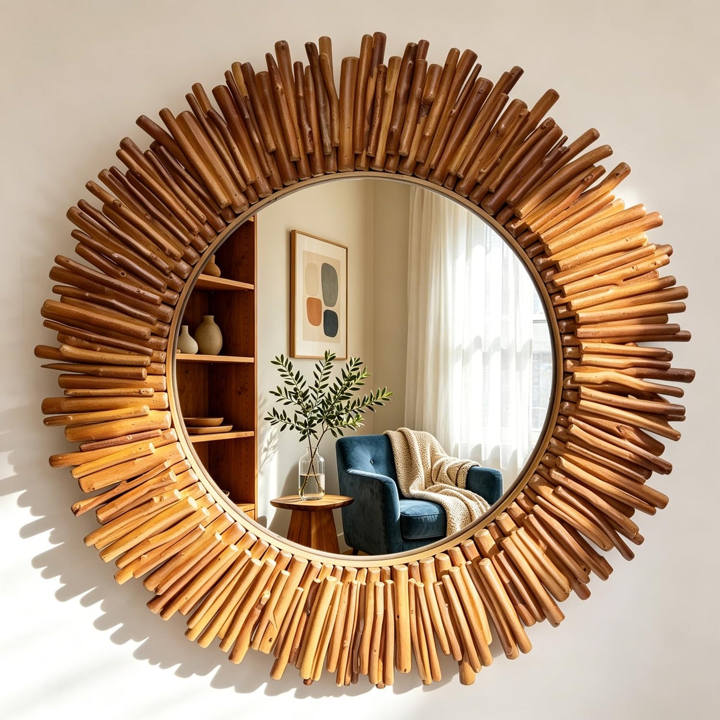 24 Inch Round Wall Mirror, Bohemian Sunburst Wall Mirror with Natural Wooden Stick Frame, Rustic Farmhouse Circle Decor Mirror for Bathroom, Bedroom, Living Room, Entryway Wall Art Decorative