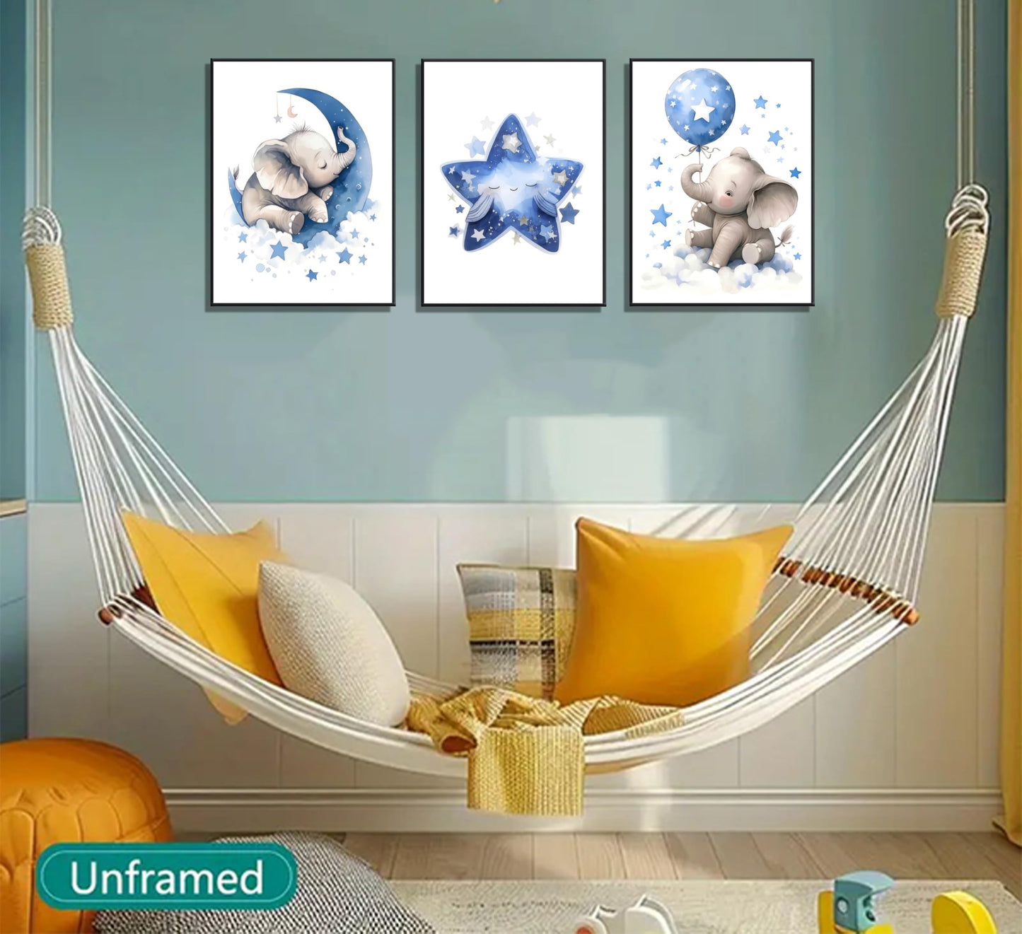 3Pcs Blue Nursery Elephant Canvas Wall Art Baby Boy Wall Decor Cute Animal Painting Pictures Moon And Stars Balloon Poster Prints for Nursery Classroom Kids Room Bedroom Home Decoration 12X16unframed