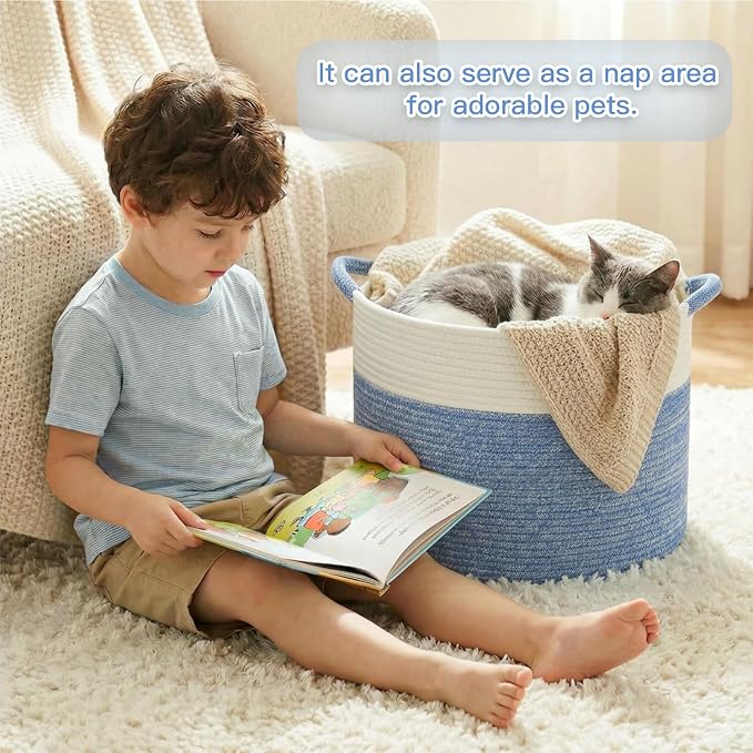 Artfeel 100L Large Cotton Rope Basket, Decorative Woven Blanket Storage for Living Room, Boho Toy Storage & Toy Box for Kids, Versatile Laundry Basket & Nursery Hamper for Blankets(DenimBlue)