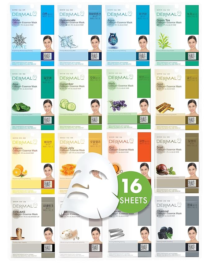 DERMAL Korean Collagen Face Mask ??Hydrating & Soothing Sheet Mask with Panthenol ??Hypoallergenic Calming Moisture Care for All Skin Types ??16 Combo Pack A