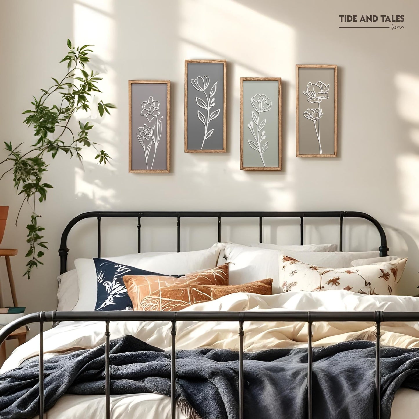 3D Wooden Floral Bathroom Wall Decor (Set of 4) Lightweight, Ready-to-Hang Framed Wall Art For Living Room, Bedroom, or Office - Premium Boho Botanical Farmhouse Decorations - Gift-Boxed