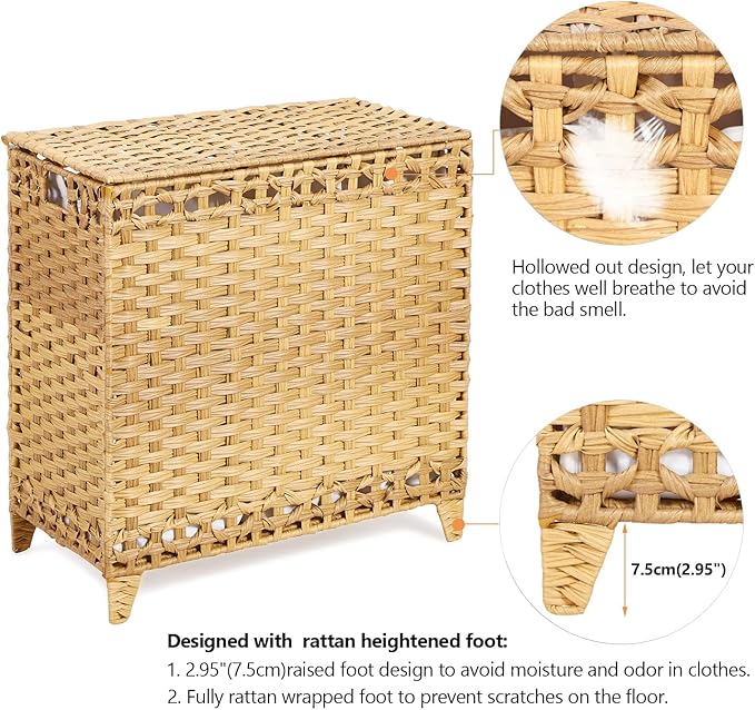 Laundry Hamper with 3 Removable Liner Bags; 132L Handwoven Rattan Laundry Basket with Lid & Heightened Feet; Clothes Hamper with Side Handles; Laundry Sorter with 3 Separate Sections