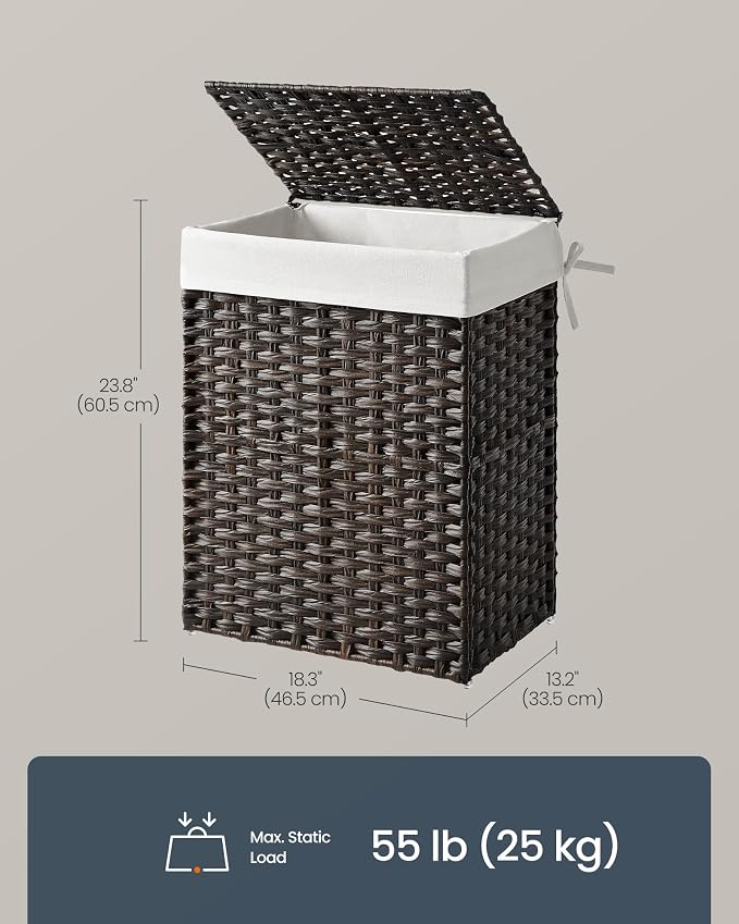 SONGMICS HOME Laundry Hamper with Lid, Clothes Basket with Removable Liner and Handles, 23.8 Gallon, Foldable Narrow Laundry Organizer for Bathroom, Bedroom, Dark Brown