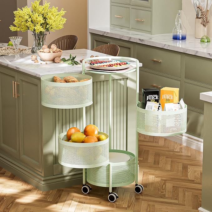 JAQ Kitchen Storage Rack No Assembly, 4-Tier Metal Storage Tower Basket Shelves Organizer on Rolling Wheels with Removal Drawers for Fruit Vegetable Grocery Corns Potato Onion (4-Tier, Green)