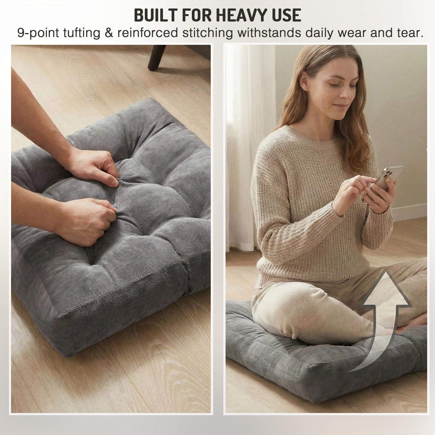 Meditation Floor Pillow Set of 2, Square Large Pillows Seating for Adults, Tufted Corduroy Cushion for Reading Nook, Classroom and Living Room, Grey, 22x22 Inch