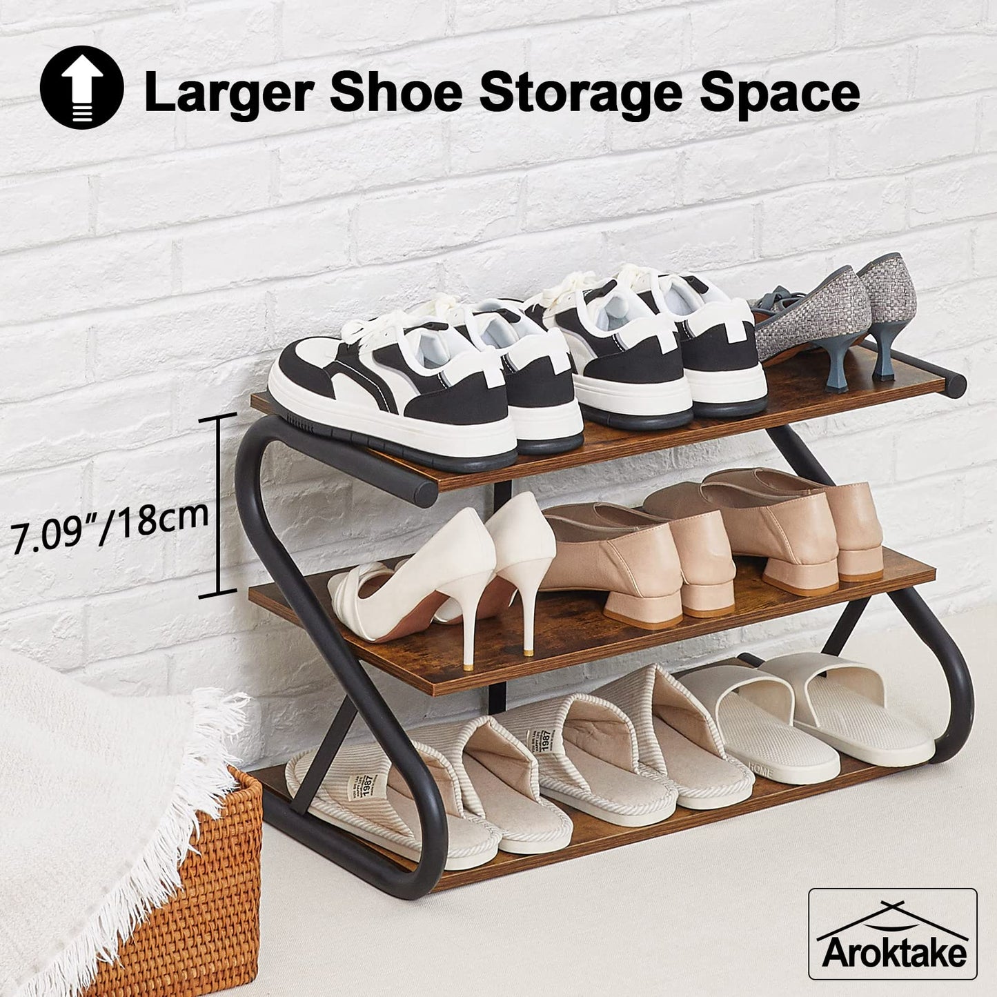 Aroktake 3-Tier Shoe Rack, Wooden Shoe Storage with S Shape Heavy Duty Metal Free Standing, Shoe Organizer Shelf for Entryway, Living Room, Closet, Bedroom (Rustic)