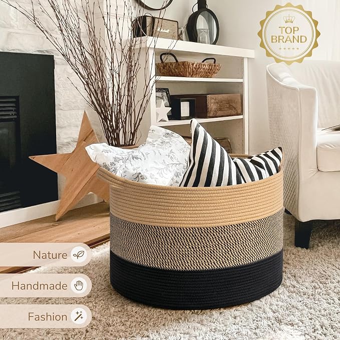 INDRESSME XXXLarge Cotton Rope Basket 21.7" x 21.7" x 13.8" Woven Baby laundry Blanket Basket for Living Room Decor, Toy Storage Baskets for Kids Boys Girls, Camel Mix & Black