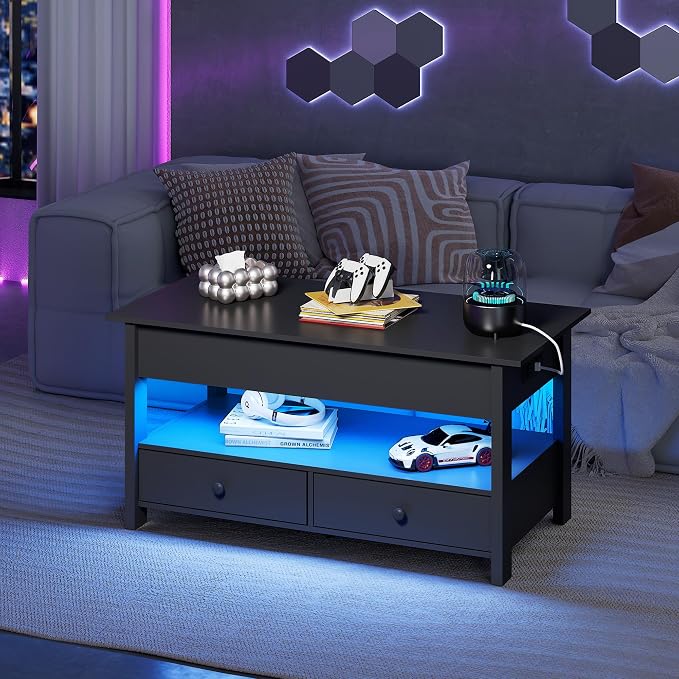 WLIVE Coffee Table, Lift Top Coffee Table with Drawers, LED Light, Large Storage and Open Shelf, Lift Tabletop for Living Room, Deep Black