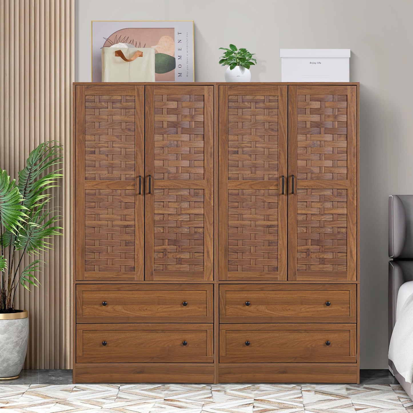 LEVNARY Armoire Wardrobe Closet with 2 Woven Doors, Wardrobe Cabinet with Storage Drawers and Hanging Rail, Freestanding Closets for Bedroom (Walnut)
