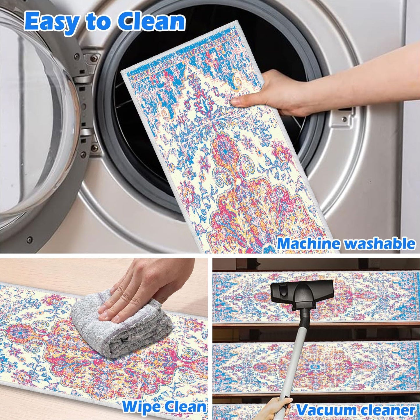 Non Slip Stair Treads Carpet Mat, 30in X 8in Indoor Stair Runners for Wooden Steps, Rubber Backing Edging Stair Rugs for Kids Elders and Pets(Blue/Beige,15PCS)
