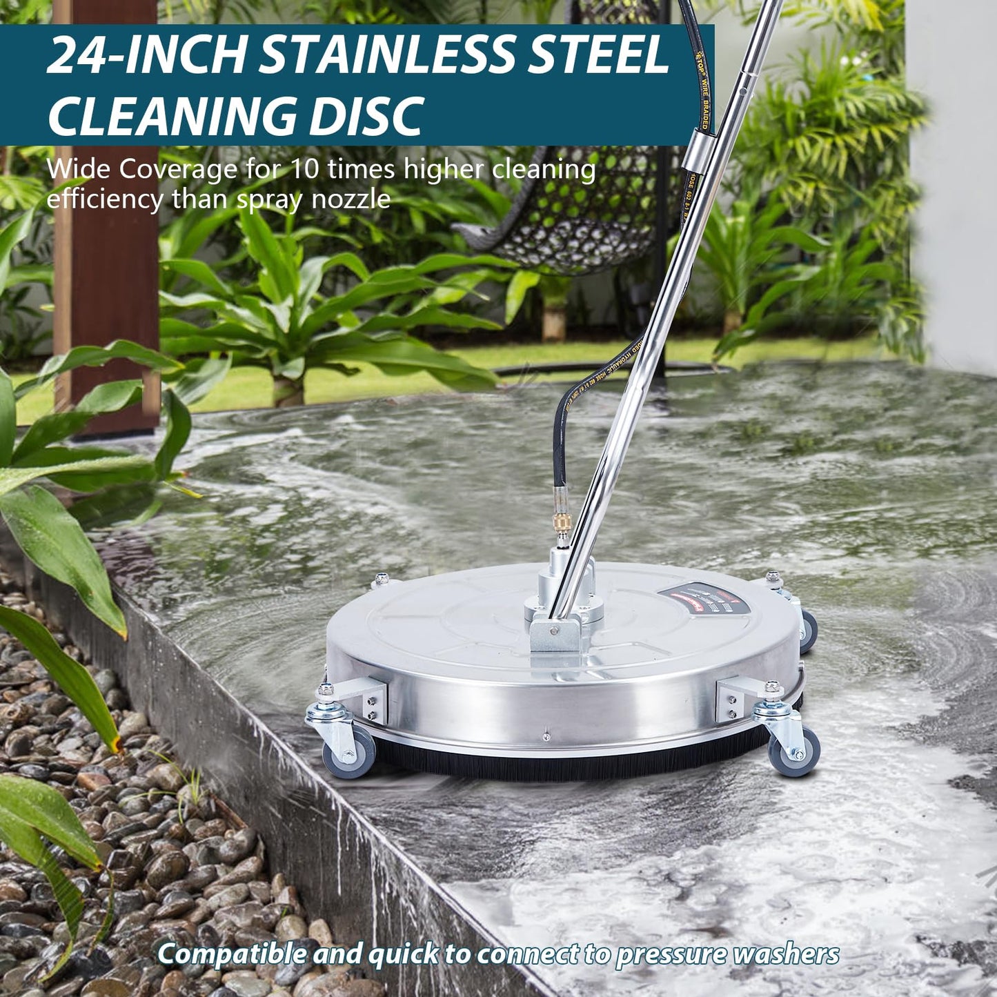 Takywep Heavy Duty Stainless Steel Pressure Washer Surface Cleaner – Dual Handle, 4 Wheels, 2 Nozzles, 3/8" Quick Connect, 4000 PSI – for Driveways, Patios, Decks, Sidewalks – Disc Diameter 24"