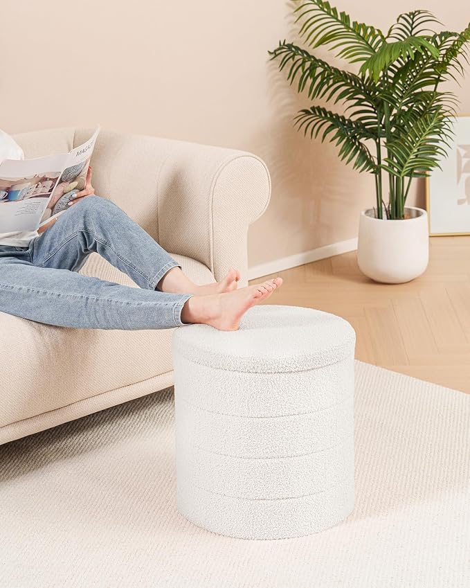 B FSOBEIIALEO Ottoman with Stroage, Round Sherpa Storage Ottoman Stool, Boucle Foot Rest 14.6"x14.6"x17.7"（White