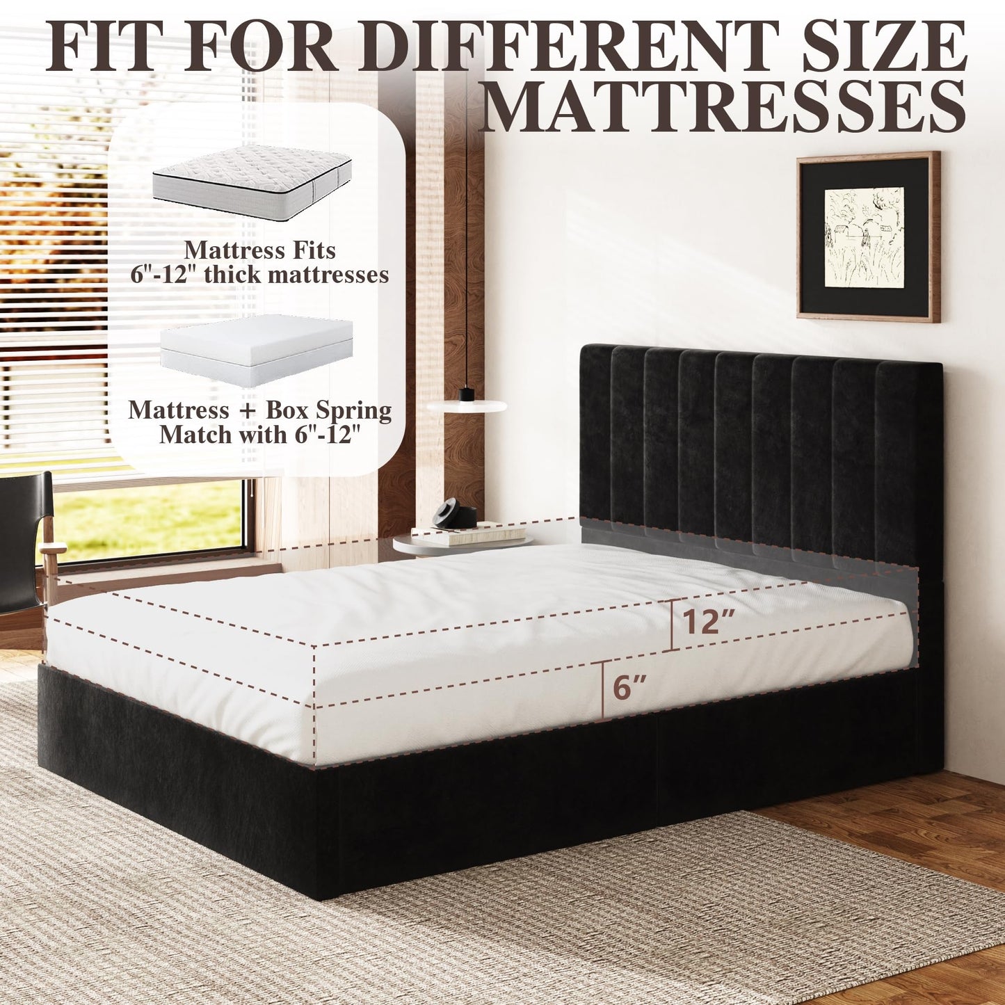Sismplly Queen Size Cloud Bed Frame with 47" Tall Headboard, Velvet Upholstered Platform Bed with Thickened Sides & Footboard, Modern Floor-Standing Design, No Box Spring Needed, Easy Assembly, Black