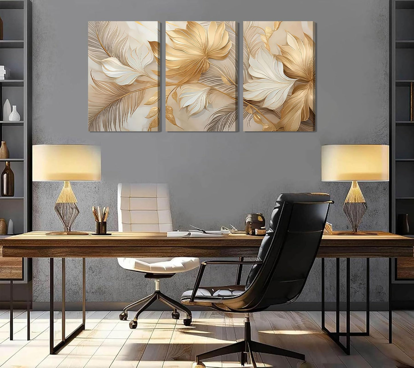 Modern Abstract Gold Botanical Canvas Wall Art Fashion Plants Wall Decor Pictures Leaf Light Luxury Poster Prints Flowers Painting Artwork for Living room Office Decoration 12x16in Frame