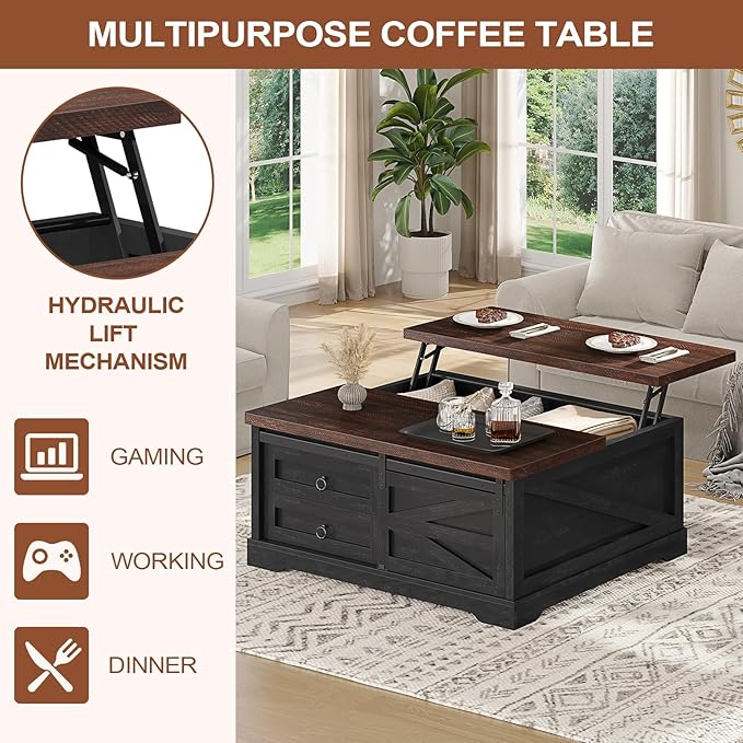 Itaar 39.4'' Lift Top Coffee Table with Storage, Farmhouse Coffee Tables for Living Room, Square Coffee Table with Large Hidden Compartment & 2 Drawers & Adjustable Shelves, Black+Walnut