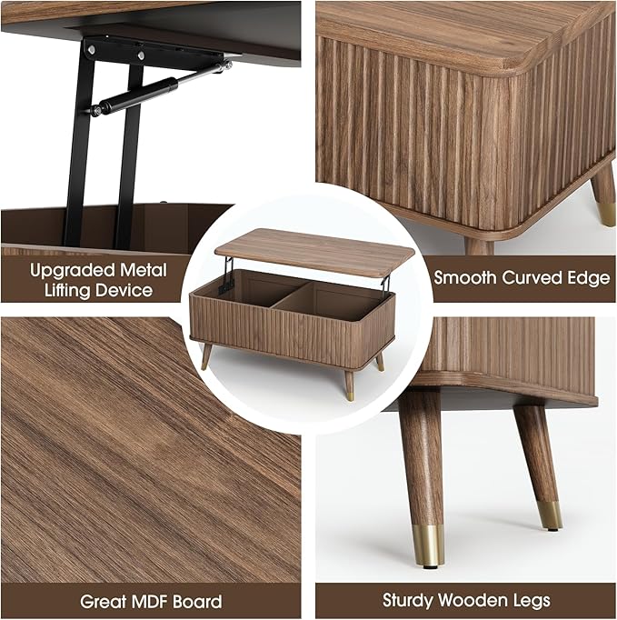 JOINICE Lift Top Coffee Table with Storage, Mid Century Modern Fluted Wood Design,Pop-Up Walnut Center Table with Hidden Compartment for Living Room & Home Office Work/Dining