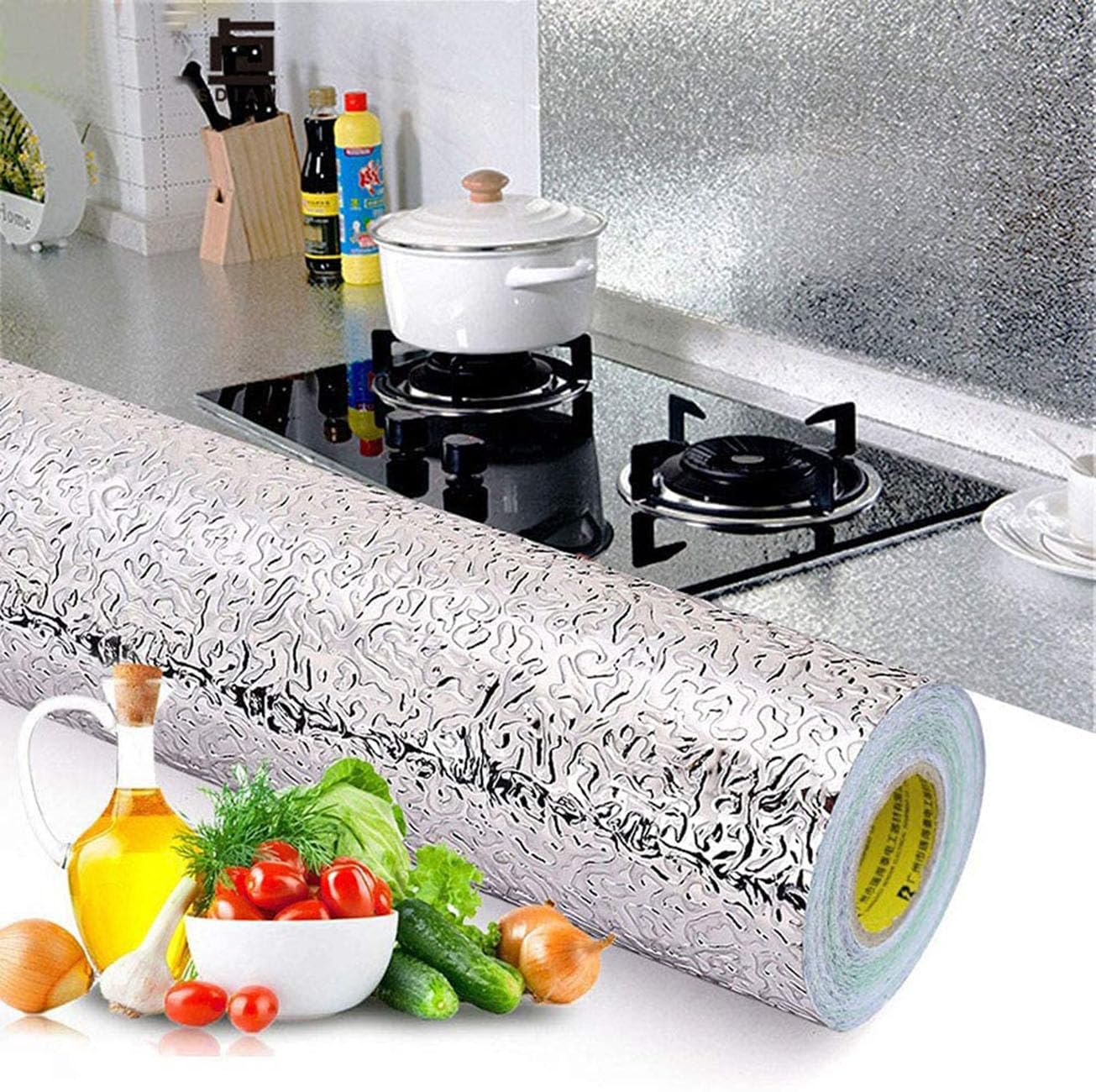 Beminh Kitchen Wallpaper Oil Proof Sticker Backsplash Aluminum Foil Self-Adhesive Paper Silver Cabinet Liner Shelf Liner Waterproof and Heat Resistant Peel and Stick Backsplash(15.7X118 Inches)