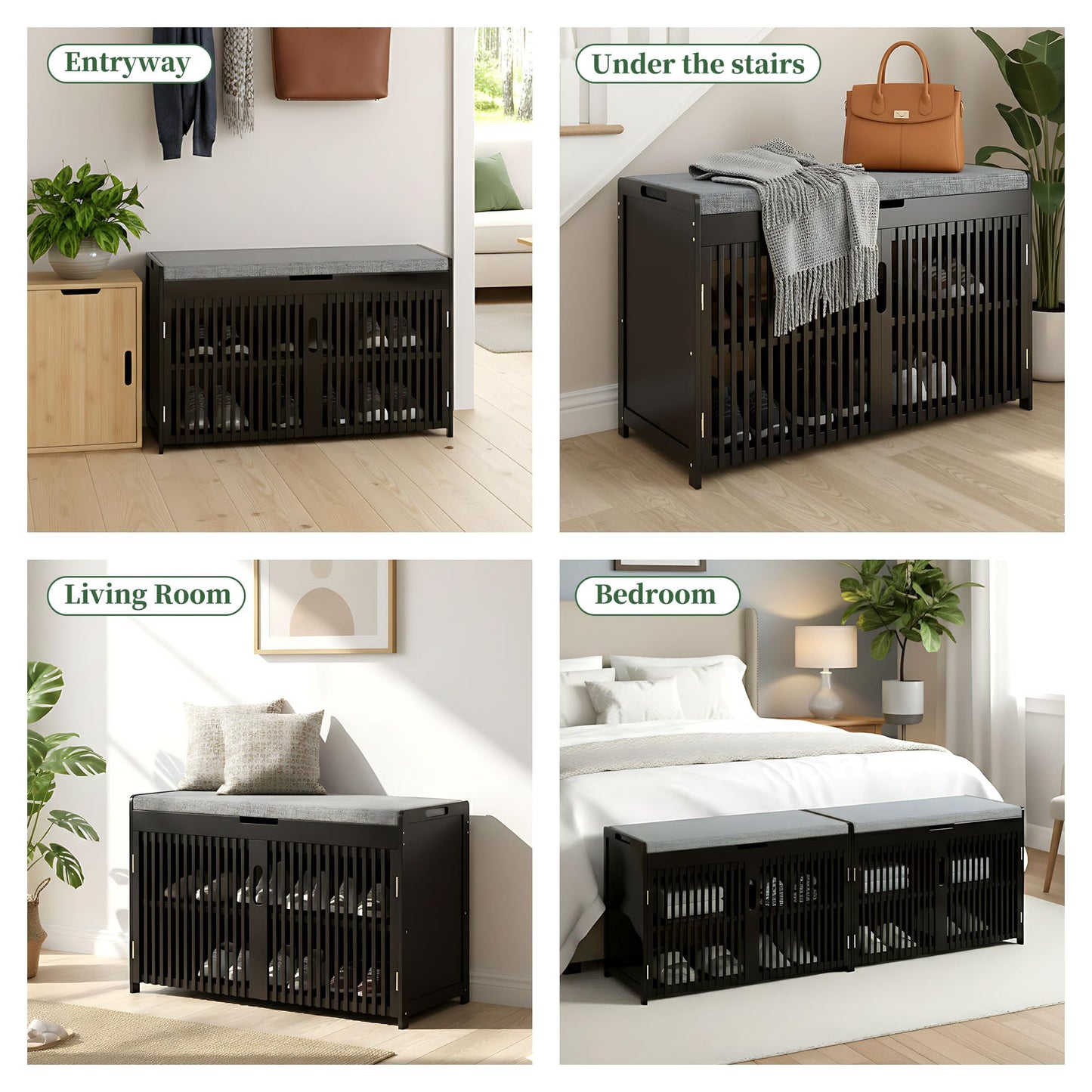 APRTAT Bamboo Shoe Storage Bench with Padded Cushion, 3-Tier Shoe Rack Organizer with 2 Ventilated Grille Doors for Entryway, Bedroom, Bathroom (Black)