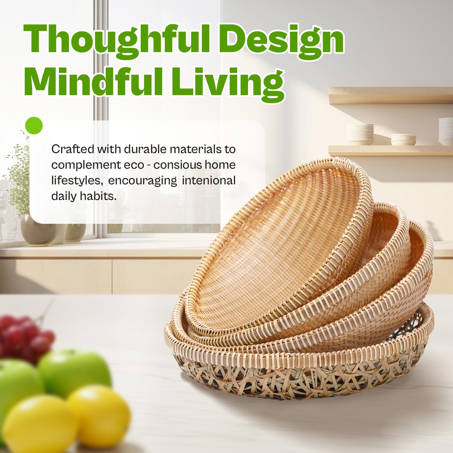 DaviGreen Set of 3 Handwoven Bamboo & Rattan Baskets – Woven Bread Basket & Fruit Bowl for Kitchen Counter, Decorative Wicker Tray for Serving Snacks, Pastries & Table Centerpiece