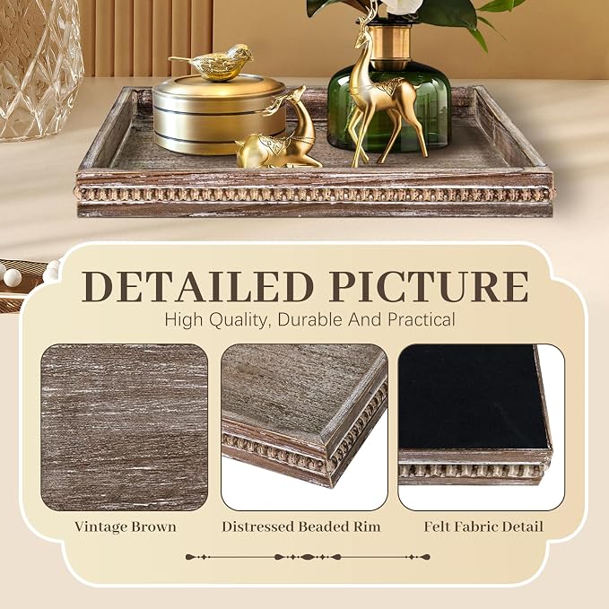 Wooden Decorative Tray, Rectangular Serving Tray with Wood Bead, Farmhouse Big Tray for Ottoman, Countertop, Coffee Tabl, 16.5" x 13"x 1.6" (Retro Brown)