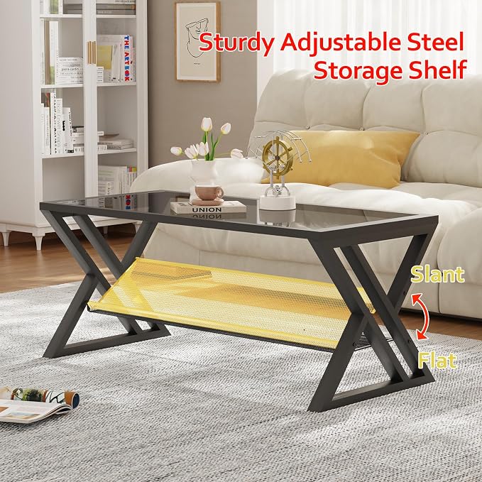 Wolawu Glass Coffee Table Living Room Table with Storage Shelf, Grey Glass Table Simple Modern Rectangular Tables with Sturdy Black Metal Frame,Industrial Glass Coffee Table for Bedroom Home Office